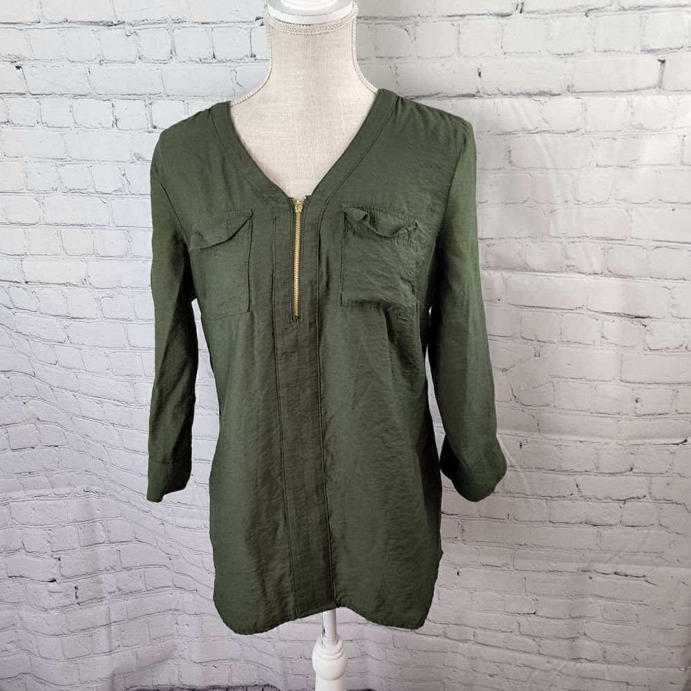 ROZ & ALI WOMEN'S ARMY GREEN TOP  1/4 QUARTER ZIP ROLL SLEEVE OPTION SIZE SMALL
